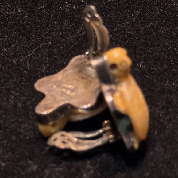 Vintage Sterling Silver Jasper Turtle Clip-On Earrings - Picture 3 of 5